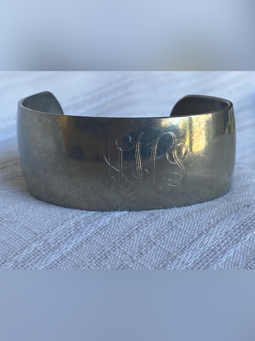 VTG MJ Enterprises Pewter Cuff Bracelet, Monogrammed AHS, 1970s Estate Jewelry
